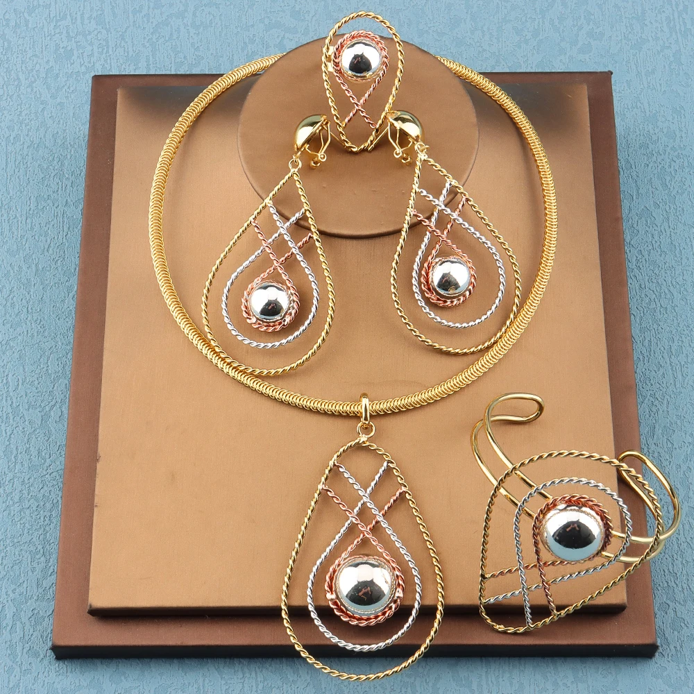 

Women's Jewelry Set Collars Earrings Silver-Plated Round Beads Hollow Coils Gold-Plated Three-Color Women's Wedding Gifts
