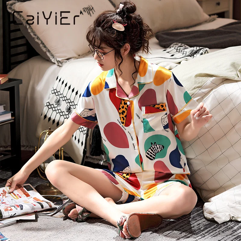 Летний пижамный комплект CAIYIER с мультяшным принтом милая шелковая ночная рубашка