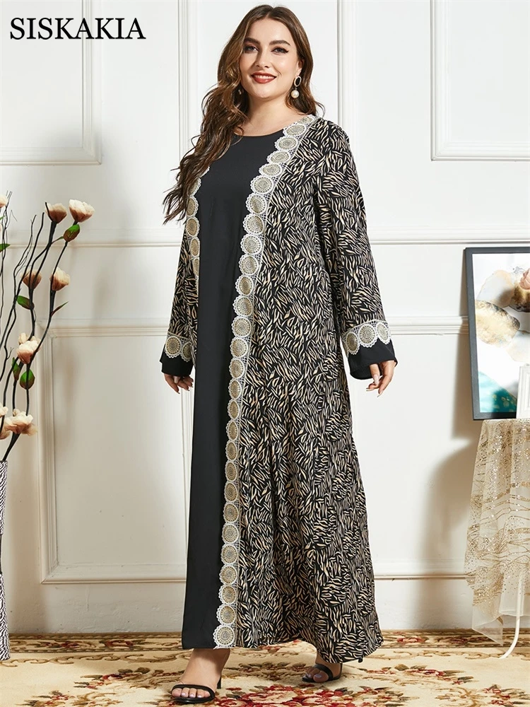 

Siskakia Ethnic Plus Size Maxi Dress for Women 2021 Elegant Contrast Color Embroidery Long Sleeve Arabic Muslim Clothes Eid New