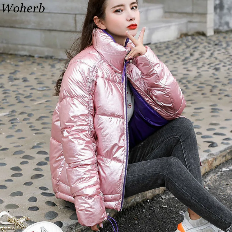Woherb/женское зимнее пальто Harajuku с голографическим блеском; стеганые куртки; женская теплая парка; куртка-пуховик; Abrigos Mujer Invierno