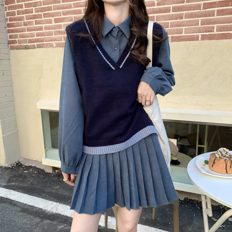 Women's Knitted Vest Suit Autumn 2021 New College Style Versatile Pullover V-neck Sleeveless Blue Fashion