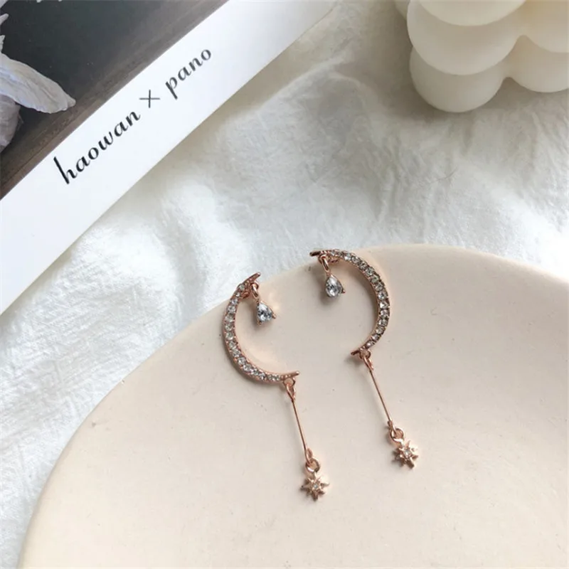 

Women Exquisite Long Tassel Cute Anti Allergy Rose Gold Earrings 925 Silver Moon Star Resplendent Zircon Setting Luxury Earrings
