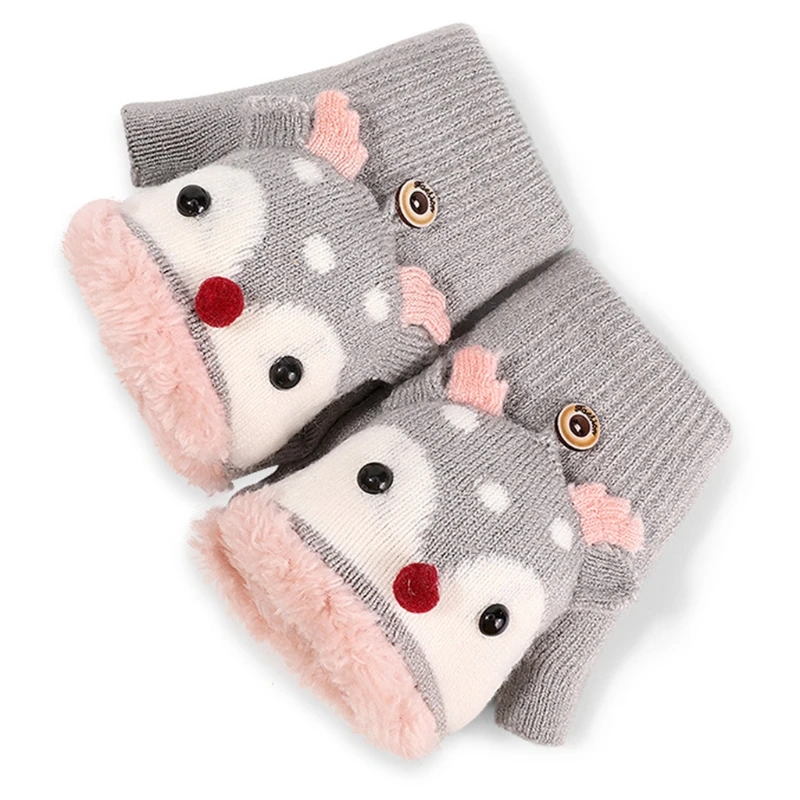 

Kids Winter Knit Convertible Gloves Cartoon Reindeer Plush Lined Flip Top Mitten N58F