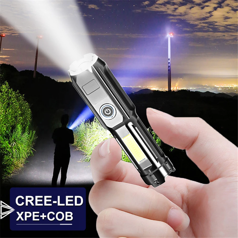 

Светильник светодиодный фонарик XPE + COB, высокомощный перезаряжаемый фонарь с зумом, светильник тический фонасветильник с USB светильник разъ...