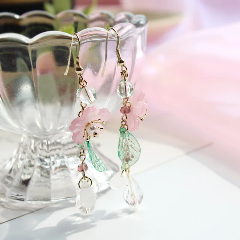 2019 модные розовые вишневые серьги подвески с зелеными листьями для женщин