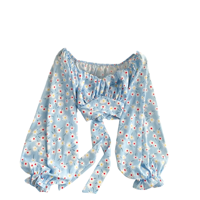 

Japan Sweet Blouse Print Puff Sleeve Square Collar Short Straps Slim Fit Waist Crop Tops Women Blusa Female GX1187