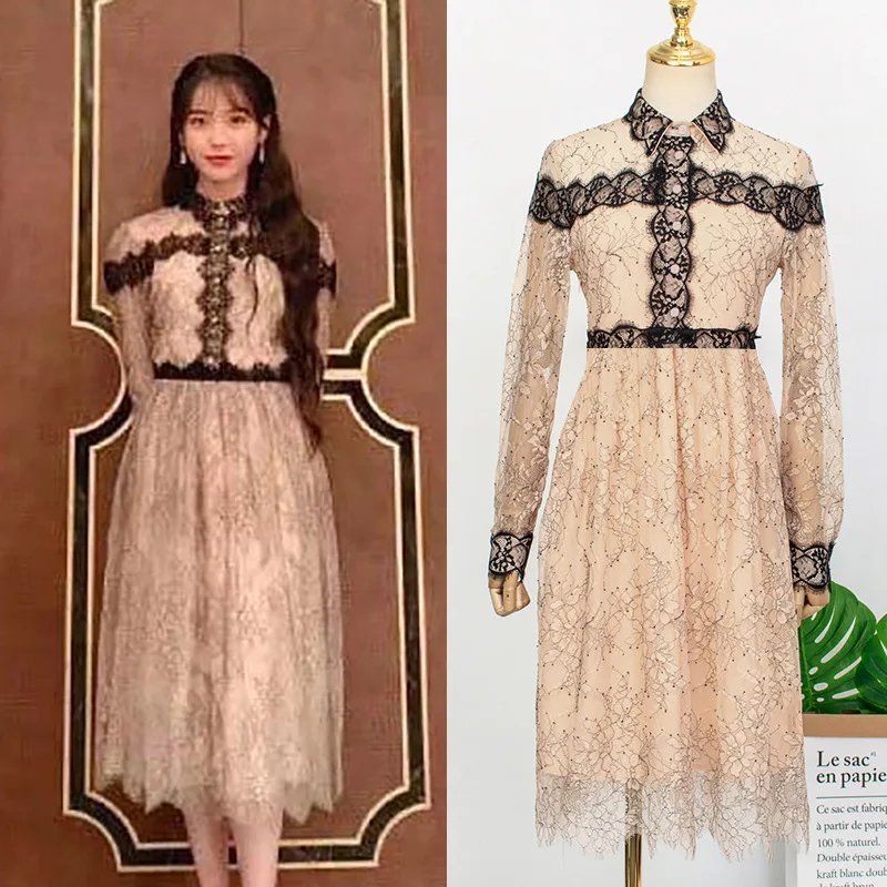 

kpop IU Lee Ji Eun korean female Temperament sweet lace splice long sleeved dress women summer new high waist elegant dresses
