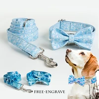 ocean blue dogs colorful gorgeous pet breathable fabric collar traction rope bow custom name engrave