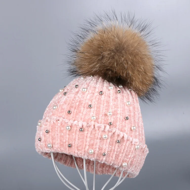 Mink Pom pink hat Женская шенилловая зимняя шапка с лисьим помпоном очень мягкая Высококачественная полосатая самодельная дизайнерская женская модная зимняя Шапка-бини - Цвет: Mink Pom pink hat