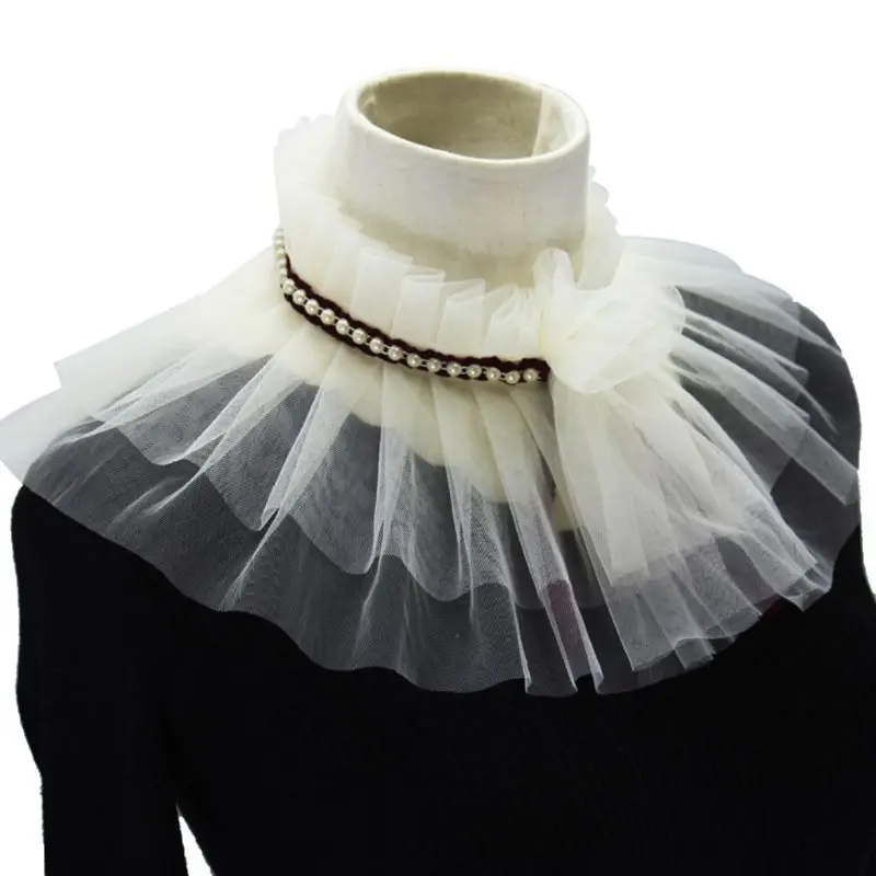

Women Women Double Layer Mesh High Neck Wedding Shawl Bolero Ruffles Pleated Fake Collar Faux Pearl Decor Knotted Bridal Shrug