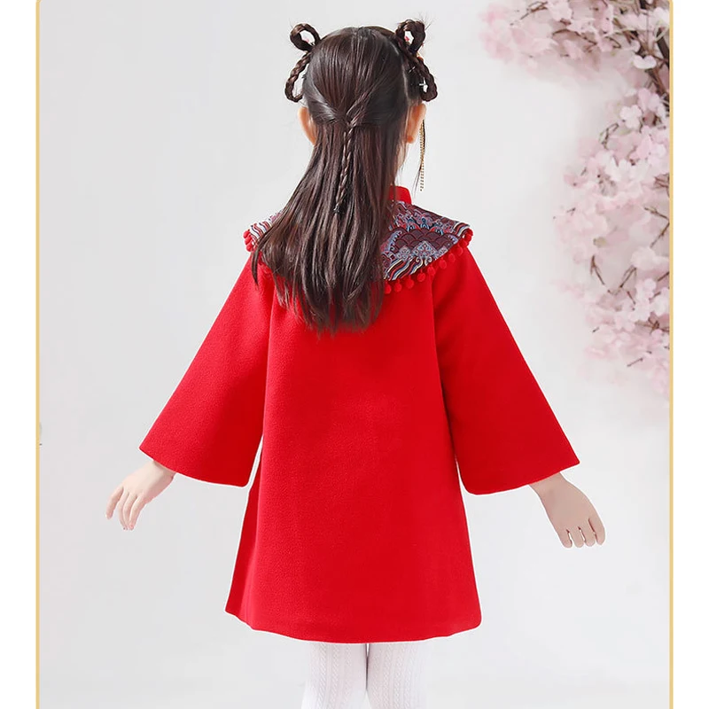 Стеганое платье Hanfu для девочек зимнее теплое детское шерстяное красное