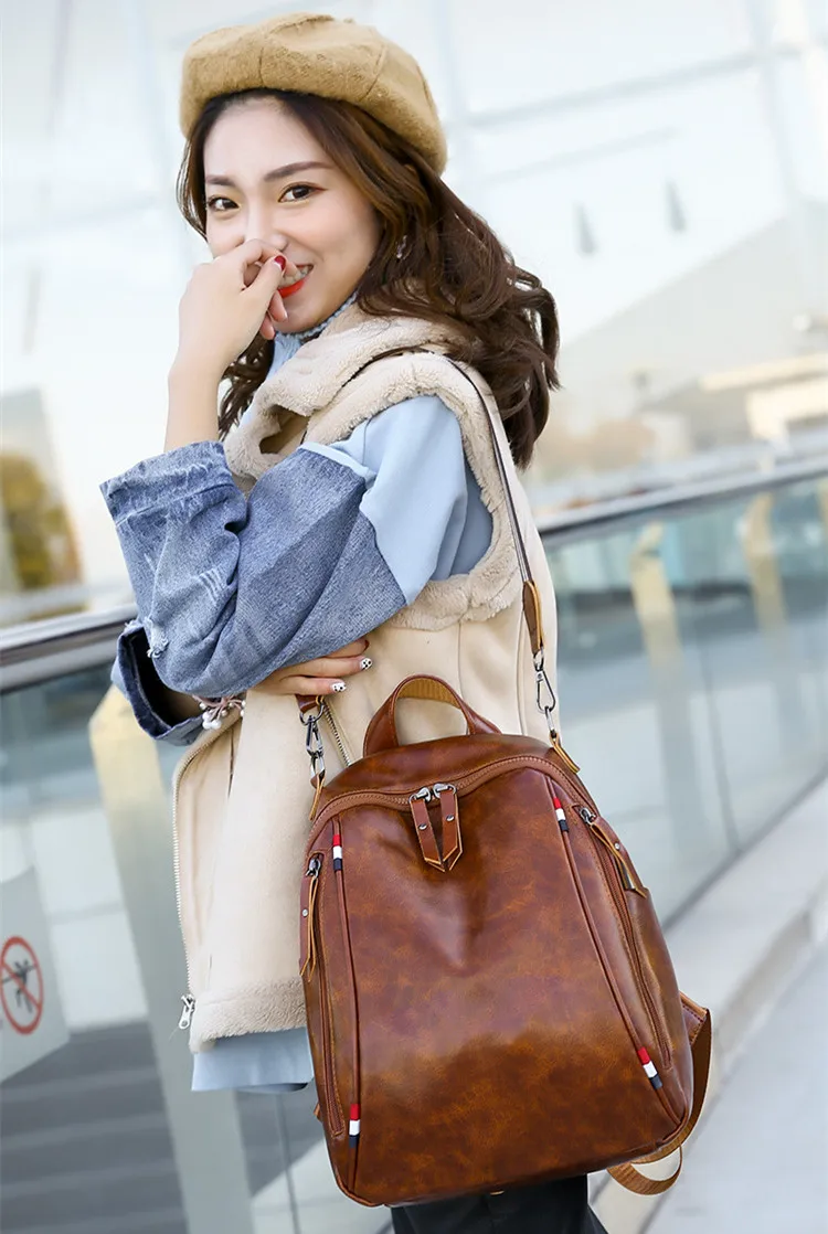 Винтажный женский кожаный рюкзак высокого качества многофункциональный для