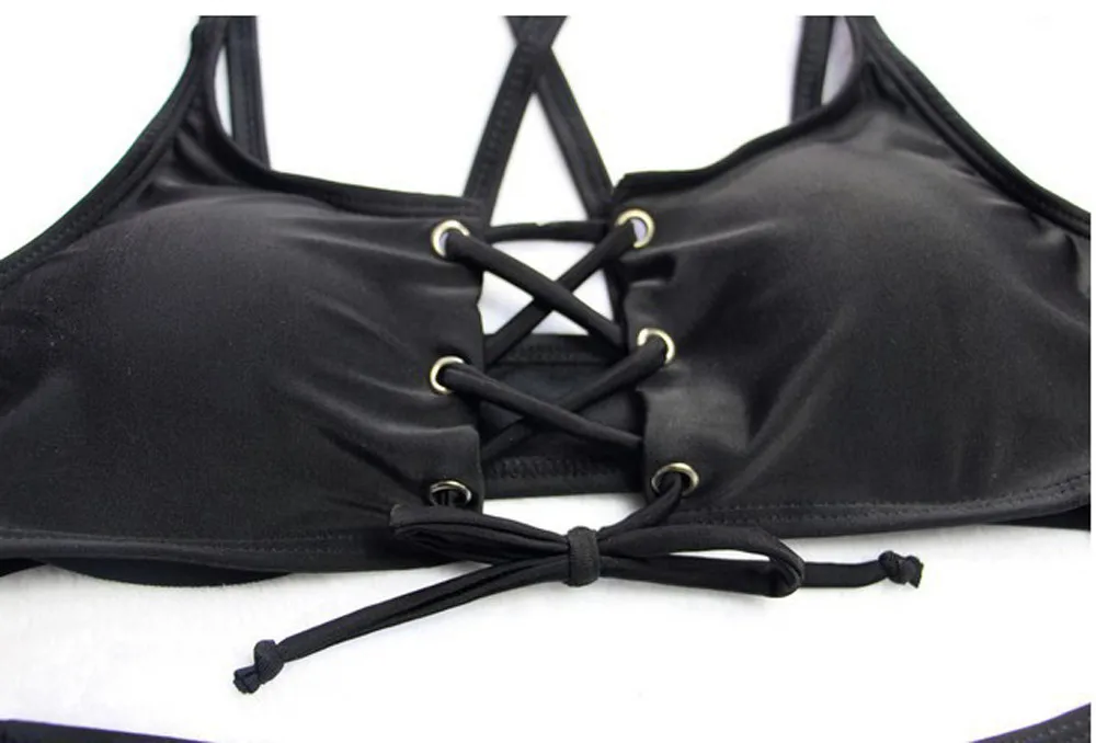 Сексуальный женский бандажный черный комплект бикини с эффектом пуш-ап