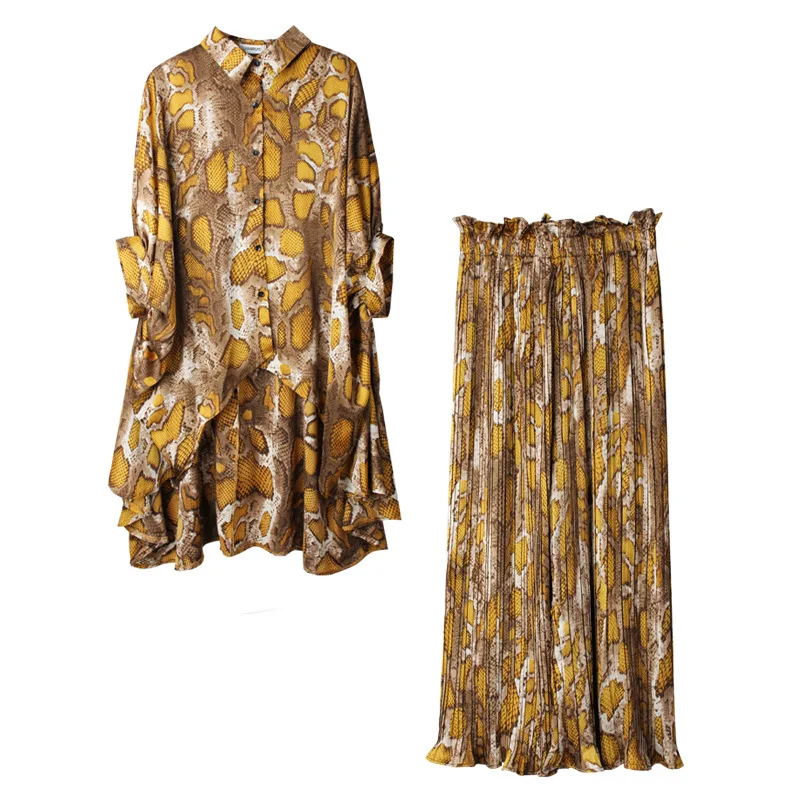 

Irregular single-breasted printed shirt + loose casual wide-leg pants two-piece set for autumn women