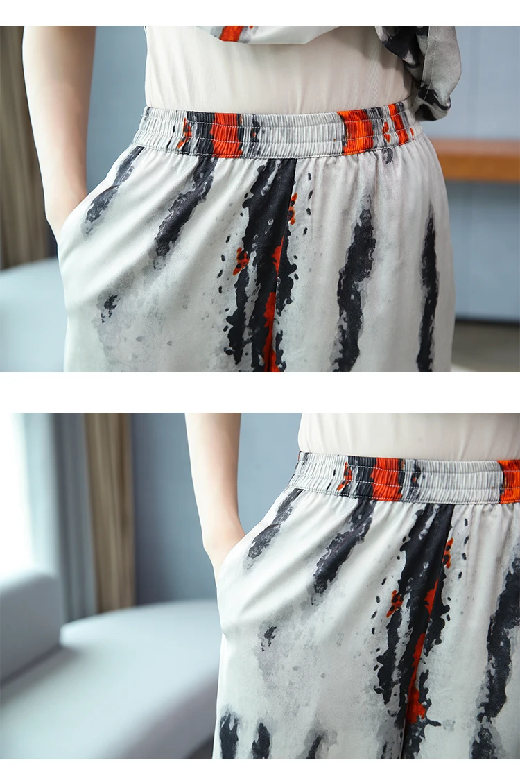 

Vintage Women Two Piece Outfits Summer Wide Leg Pants Middle Aged Womens Matching Set Loose Survetement Femme Woman Suit