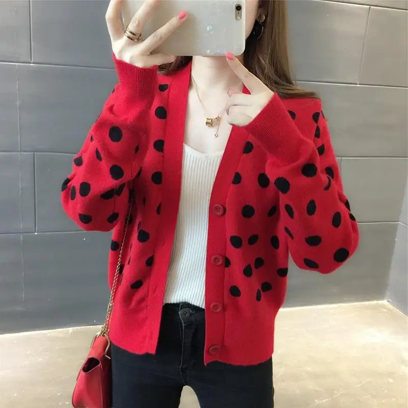

Spring Autumn Korean Loose Dot Print Sweater Women Short Knitting Cardigan 4 Color V-Neck Long Sleeve Knitted Jacket Coat Female