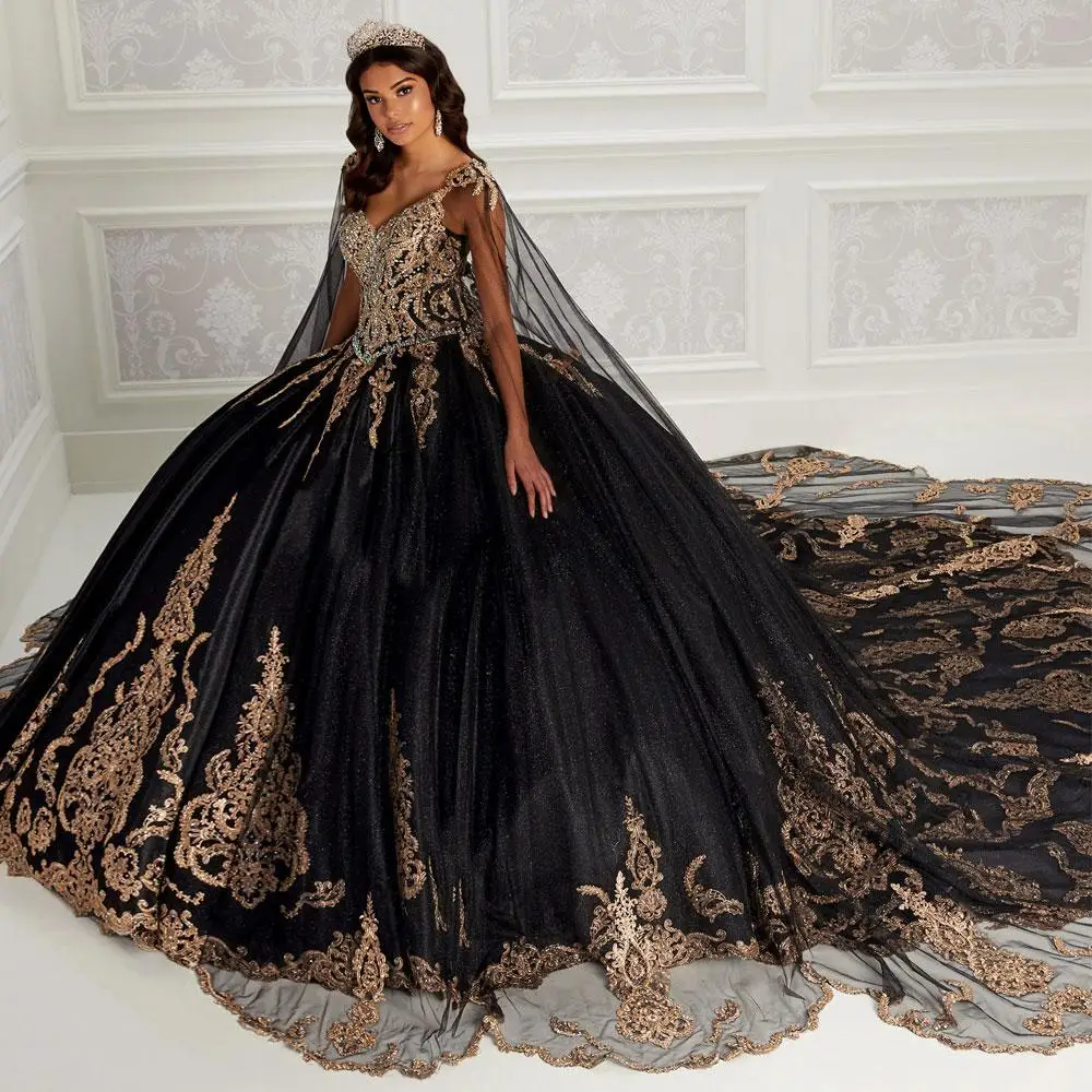 

Sparkly Black Beaded Quinceanera Prom Dresses with Wrap V Neck Sweet 15 Masquerade Gold Lace Appliqued Birthday Party Gowns