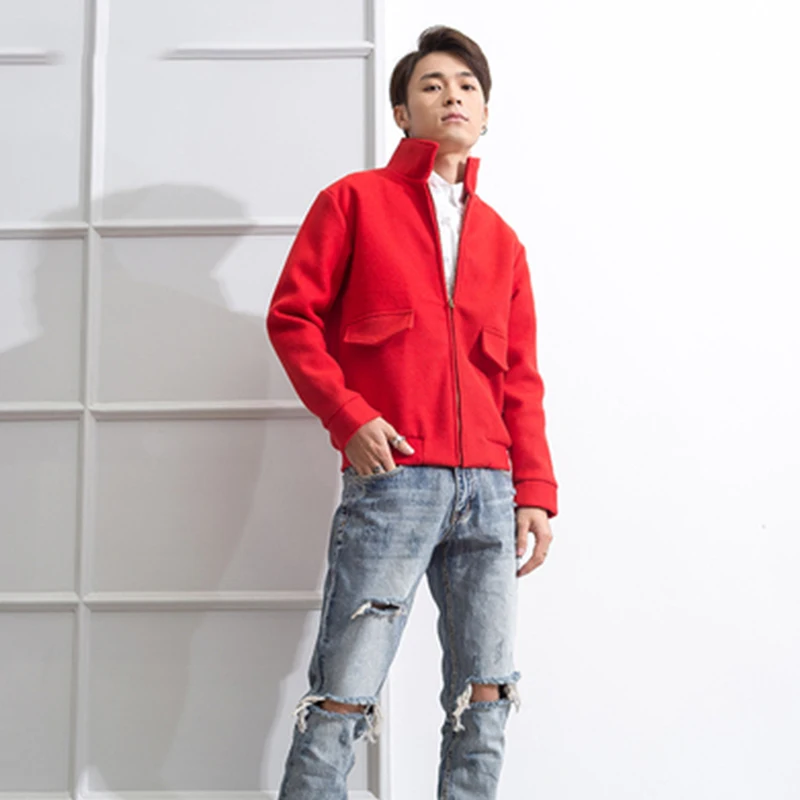 

M-4XL Big Red Short Woolen Coat Tide Male Youth Ocean Lapel Coat Festive Clothes Shirt Nightclub Hip Hop Jackets Jackets and Co