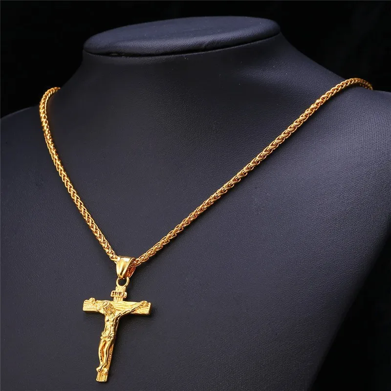 

Vintage Cross INRI Crucifix Jesus Piece Pendant Necklace Gold Color Stainless Steel Men Chain Christian Jewelry Gifts