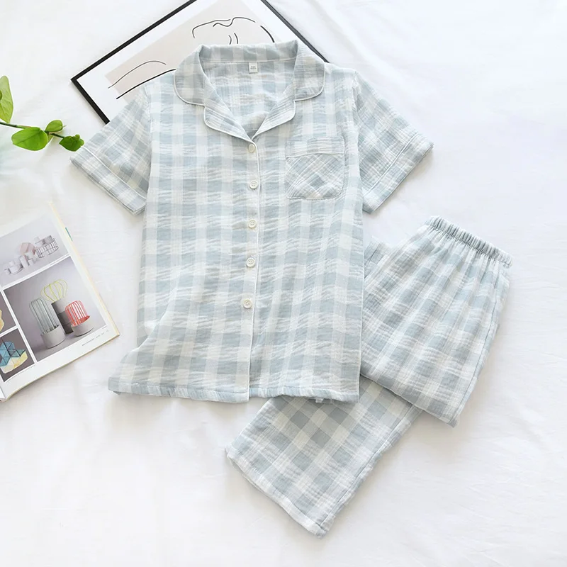 211 Summer Thin Cotton Plaid Girls Pajamas Set Short Sleeve Leisure Sleepwear For Women Loose Nightwear Pant Men Homewear Suit