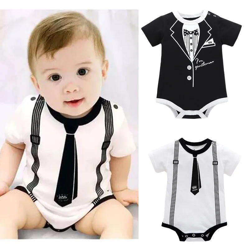 

0-12M Newborn Baby Clothing Summer Gentleman's Romper Baby Boy Cotton Romper Baby Boy Tights Tie Print Short Sleeve