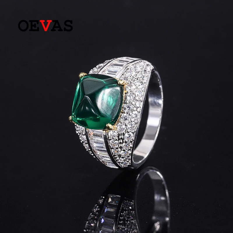 

OEVAS 100% 925 Sterling Silver 10*10mm 5 Carat Sapphire Synthetic Emerald Rings For Women Sparkling Wedding Party Fine Jewelry