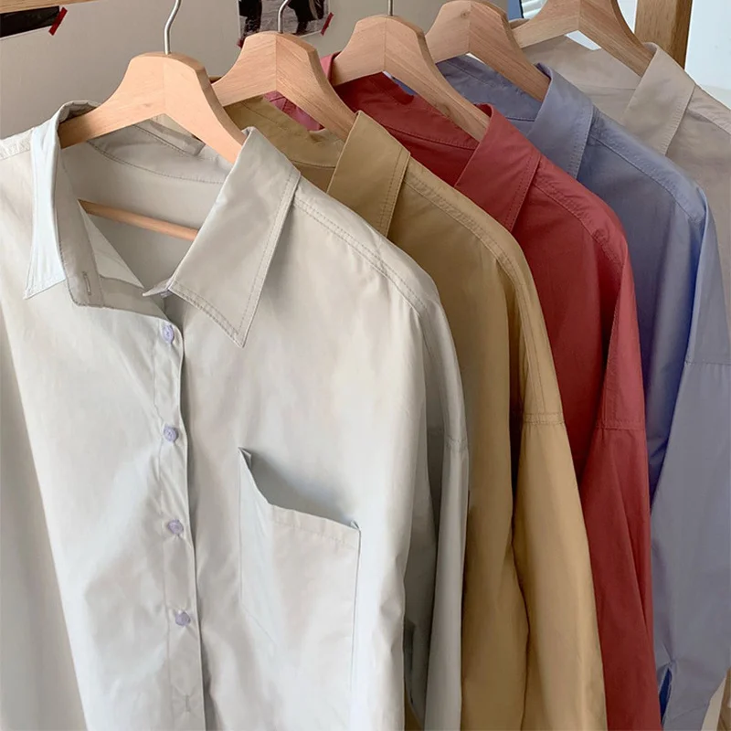 

2021 Early Spring Korean Chic All Match Multicolor Solid Color Shirt Women Long Sleeve Button Down Blouses Casual Top Jacket