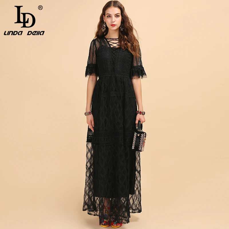 LD Linda della новые модные Подиумные осенние черные платья-Макси платье Для женщин средней длины с длинными рукавами, с кружевным плетением, Hollow Out элегантная Повседневное Платья для вечеринок