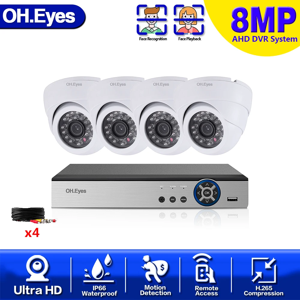 

Система видеонаблюдения OH.eyes H.265 4K, 4-канальный видеорегистратор, 4 х8 Мп, камера с функцией распознавания лица, 4-канальный 6 в 1, комплект инфра...