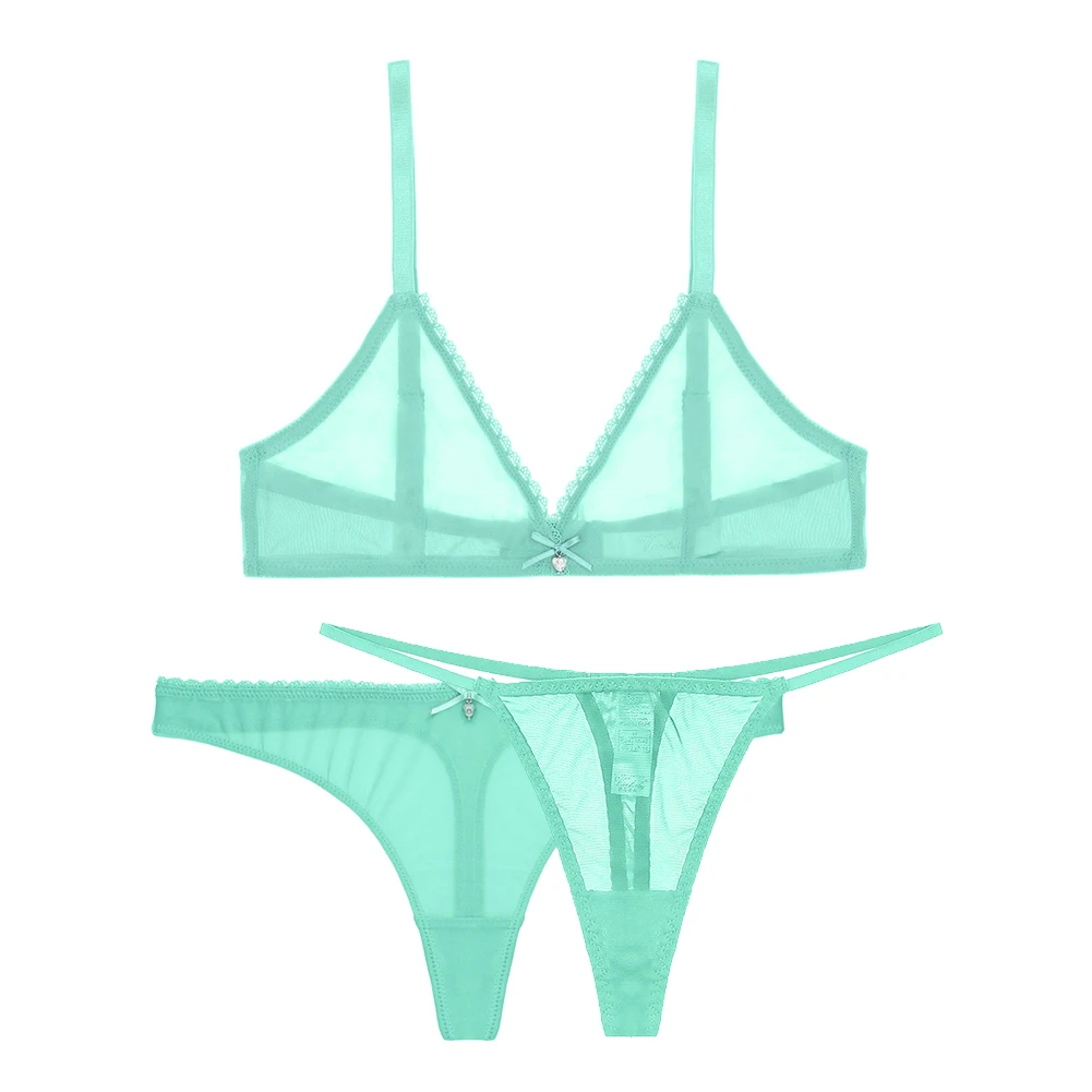 

Sexy summer bikini thong ultra-thin breathable wire free bra larger size underwear low rise panty bra+V-string+thong 3pcs/set