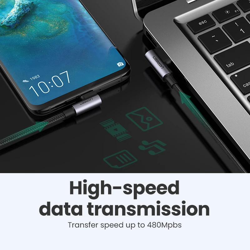 Кабель usb type c Ugreen 90 градусов 3 А кабель для быстрой зарядки и передачи данных Samsung s9