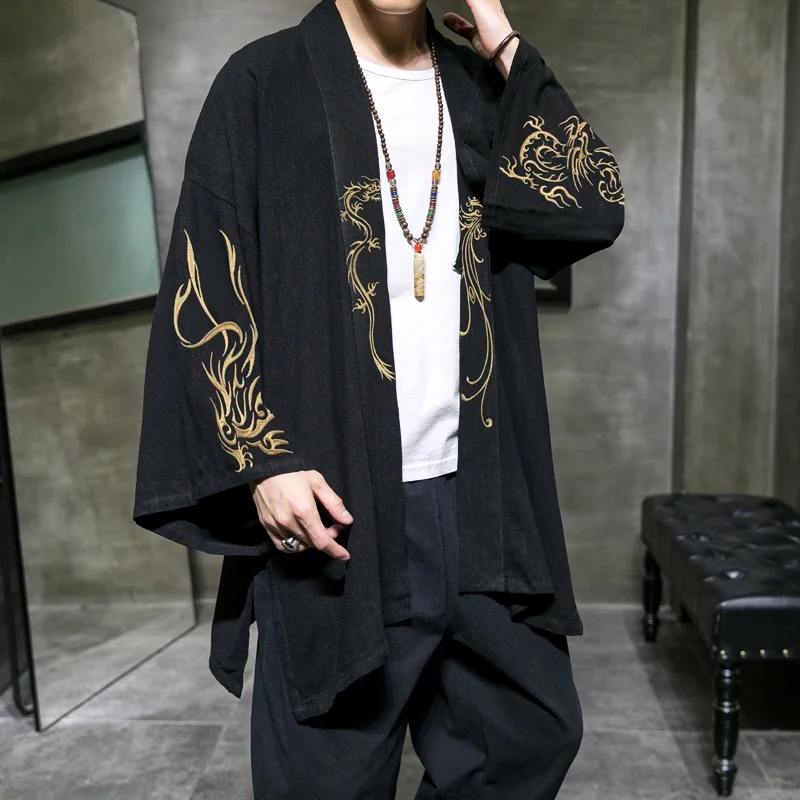 

2021 Fashion Dragon Embroidery Hanfu Men Chinese Style Linen Robe Kimono Cardigan Jacket Oversized 5Xl Ancient Coat Male KK3400
