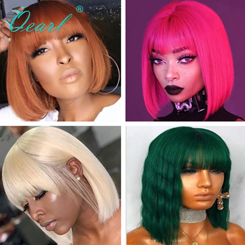

Short Bob Human Hair Wigs With Bangs Chinese Virgin Hair Wig Blonde Green Pink Ginger Straight Machine Made Wigs 150% Qearl