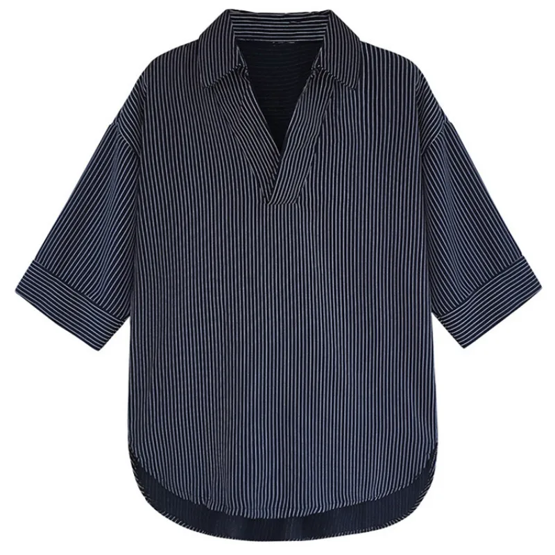 Женские рубашки в Корейском стиле 2020 Модный Полосатый Свободный Топ с V образным