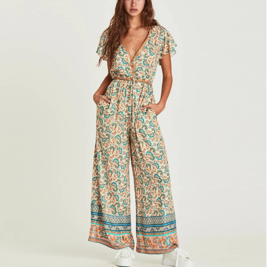 Женский комбинезон с рюшами TEELYNN Летний V-образным вырезом широкими штанинами