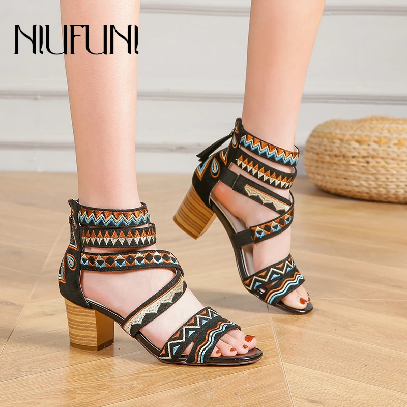 

NIUFUNI Bohemian Ethnic Women's Sandals Summer Gladiator Thick High Heels Embroidered Women Shoes Black Open Toe Hollow Sandals