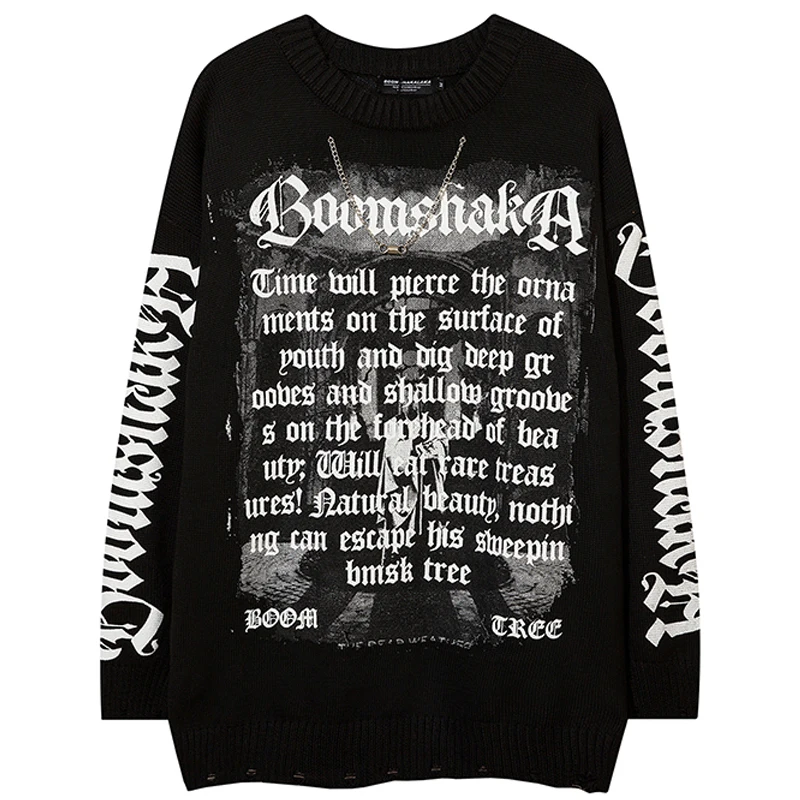 

Men Casual Vintage Necklace Sweaters Winter Unisex Retro Hiphop Oversize Couple Knitwear Male Harajuku Letter Printed Pullover
