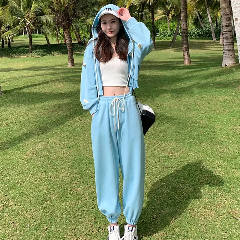 

Летний Повседневный синий спортивный костюм с высокой талией, Женский трехмерный костюм из двух предметов с маленьким медведем, короткие т...