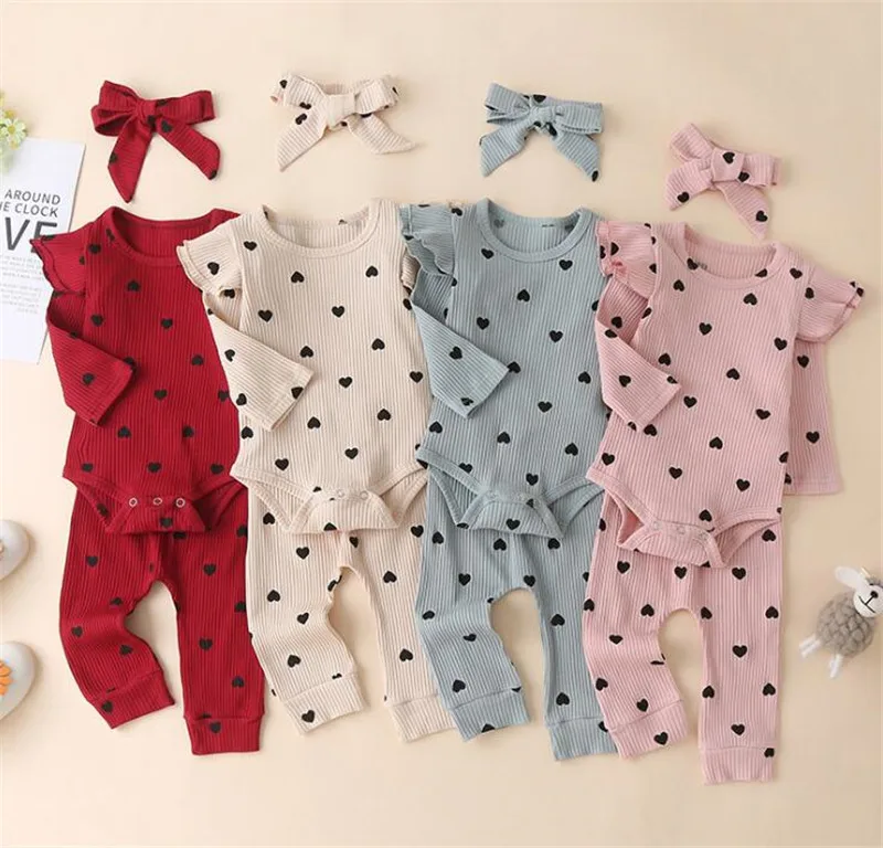 

Blotona Newborn Baby Ribbed Suit Girl Boy Heart Print Crew Neck Long Sleeve Romper Top+Long Pants+Hairband 3Pcs Outfits 0-24M
