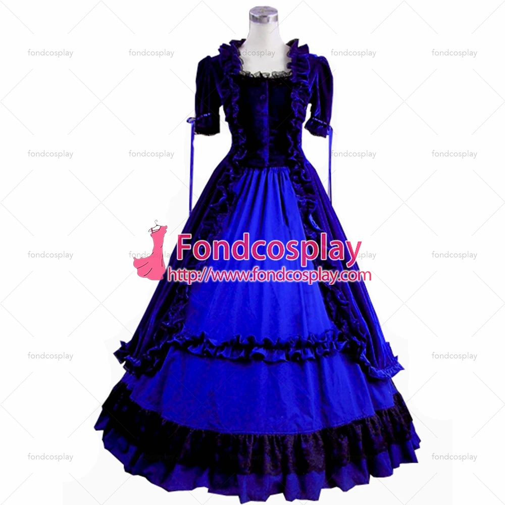 

fondcosplay Gothic Lolita Punk Medieval Gown Blue Ball Long Evening Velvet Dress Tailor-made[CK1385]