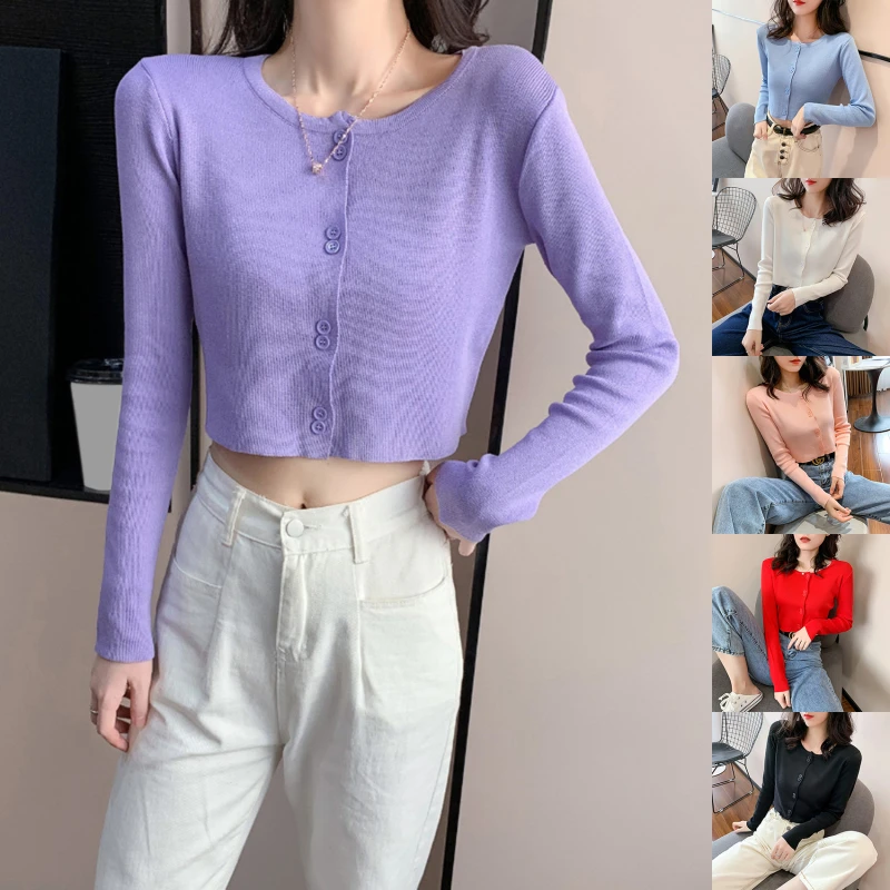 

Женский трикотажный кардиган на пуговицах, однобортный укороченный свитер с длинными рукавами, трикотажный топ на осень-весну
