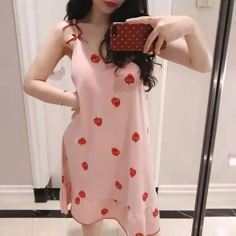 2021 Spring Summer Milk Silk Suspender Nightdress Women's Eye Mask Bra Nightdress Strawberry Sexy Thin Home Clothes Nightwear