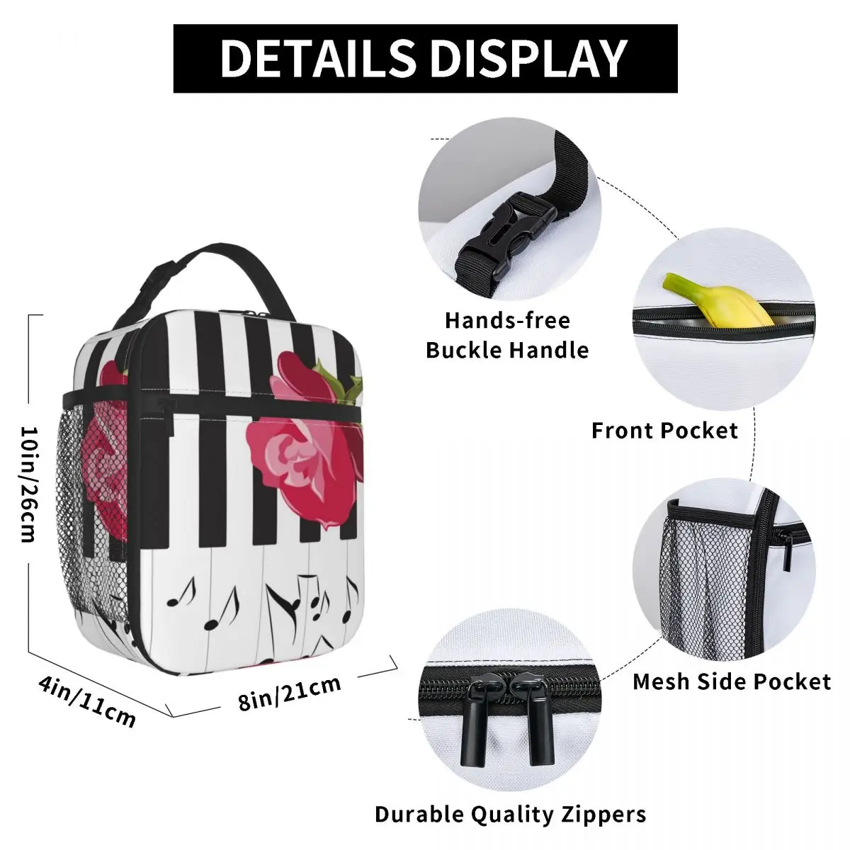 

Red Rose On Piano Musical Notes Lunch Bag for Women Men Large Insulated Lunch Box with Water Bottle Holder and Pockets