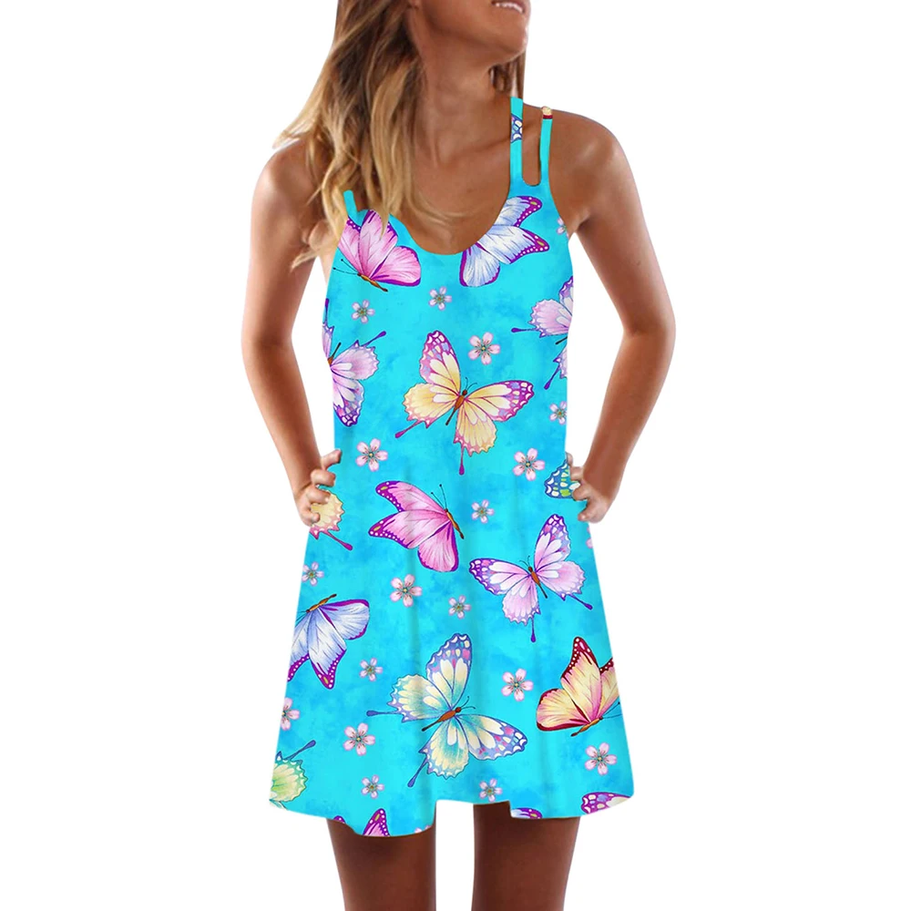 

Women Butterfly Print Suspender Mini Dress 2021 New Summer Fashion Sleeveless Sexy Round Neck A-Line Casual Short Skirt