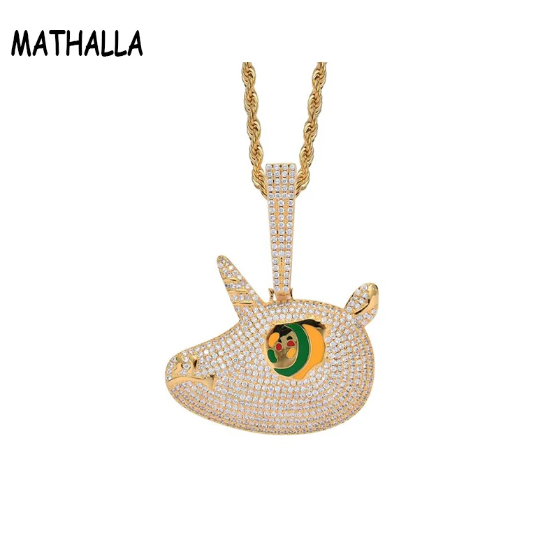 

MATHALLA Hip Hop Jewelry Unicorn Pendant Necklace Ice Out CZ Stone Glittering Necklace Lucky Animal Men's and Women's Jewelry