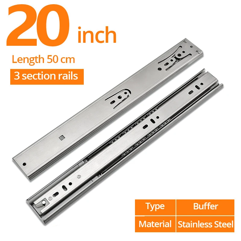 Buffer 20inch 50cm NAIERDI 1"-22" выдвижные направляющие для шкафа из нержавеющей стали с мягким закрытием, Трехсекционные направляющие для ящиков, направляющие для ящиков, буферные демпферные направляющие, оборудование - Цвет: Buffer 20inch 50cm