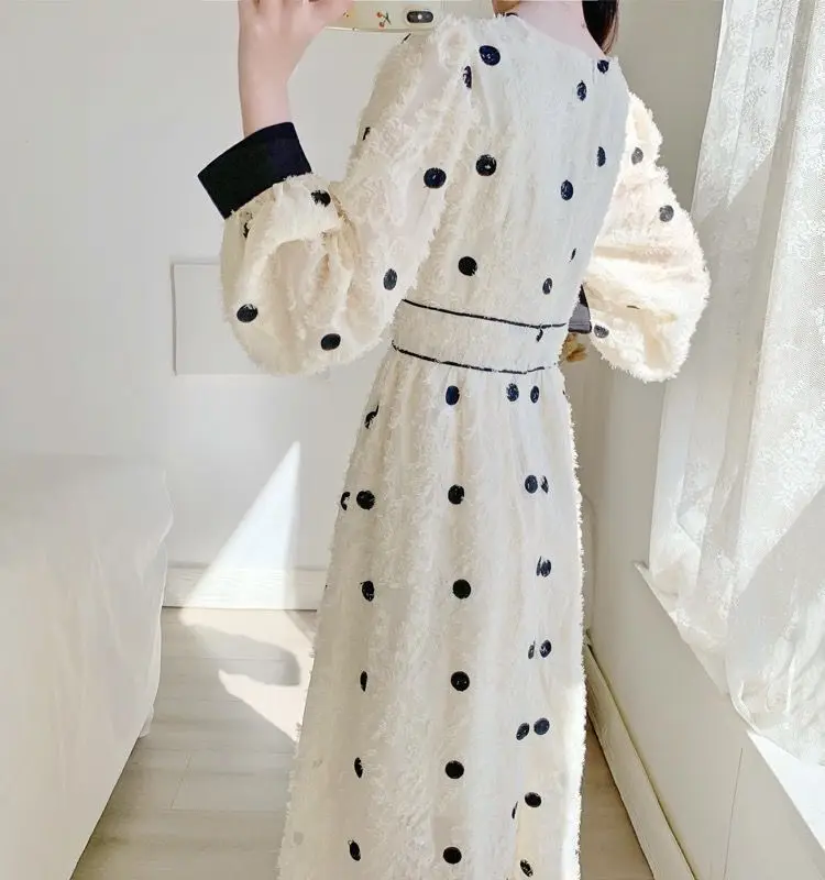 

Spring Autumn Women French Lace Long Sleeve Dress Maxi Dresses Super Fairy Polka Dot Party Slim Waist Vintage Patchwork V Neck