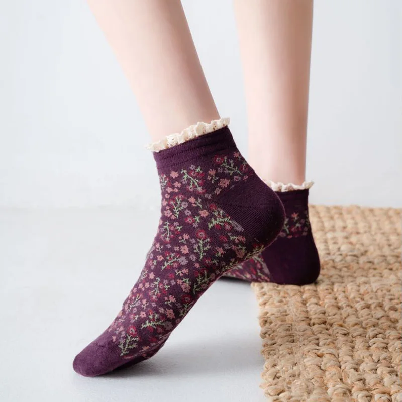 Girls Womens Korean Style Lace Vintage Nordic Flower Ethnic Floral Cotton Harajuku Novelty No Show Low Cut Socks Kawaii Spring