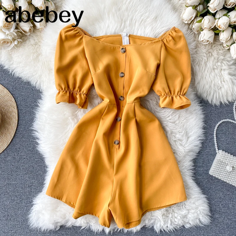 

Vintage Yellow Boho slim button 2020 off shoulder Jumpsuit Casual Sexy Women rompers Short Summer Playsuit Beach Holiday Romper