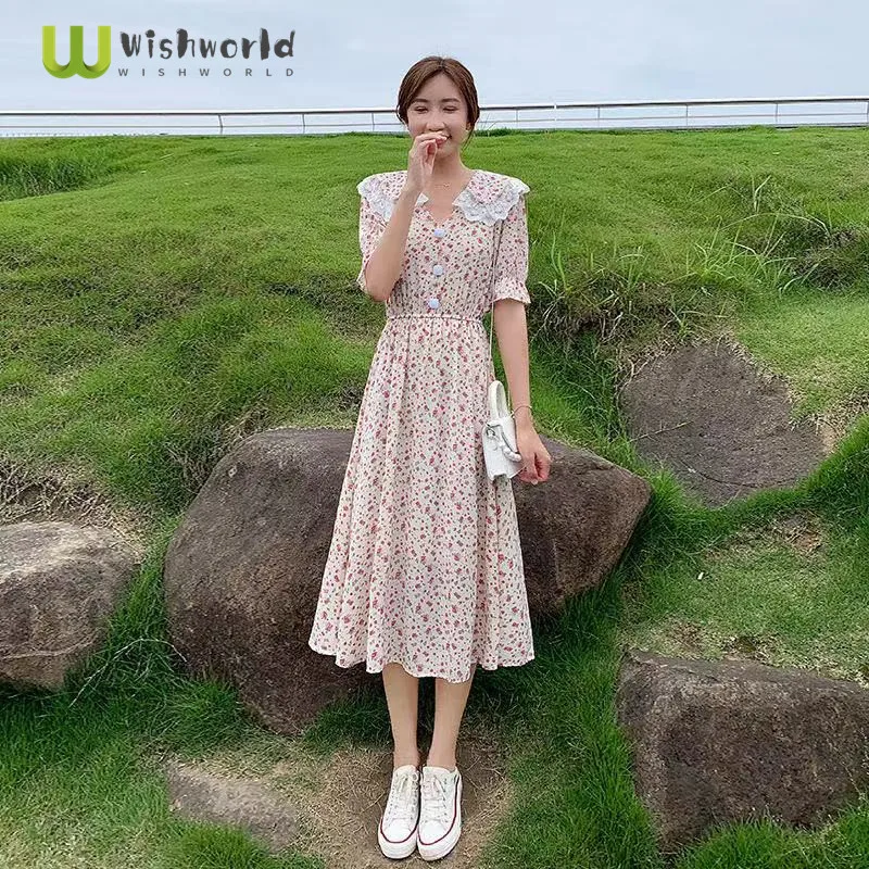 

2021 Age Reducing Doll Collar Ruffle Sleeve Chiffon Dress Fashionable Woman French Party Club Dress Elegant Flower Gown Sundress